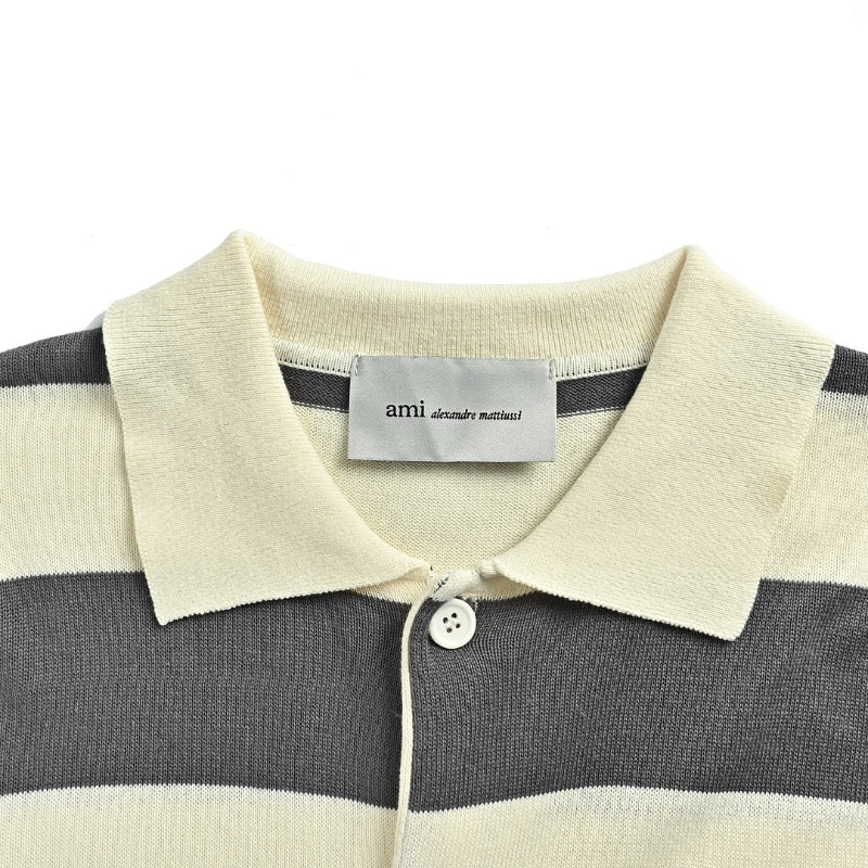 AMI Paris Striped Knit Polo Cardigan