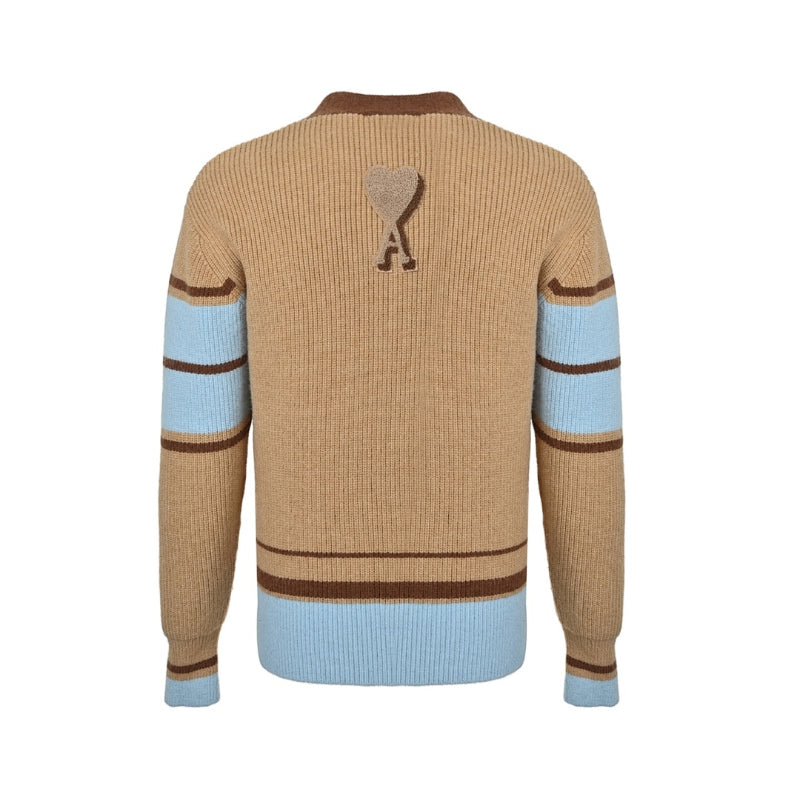 AMI Paris Varsity Stripe V-Neck Cardigan - Camel
