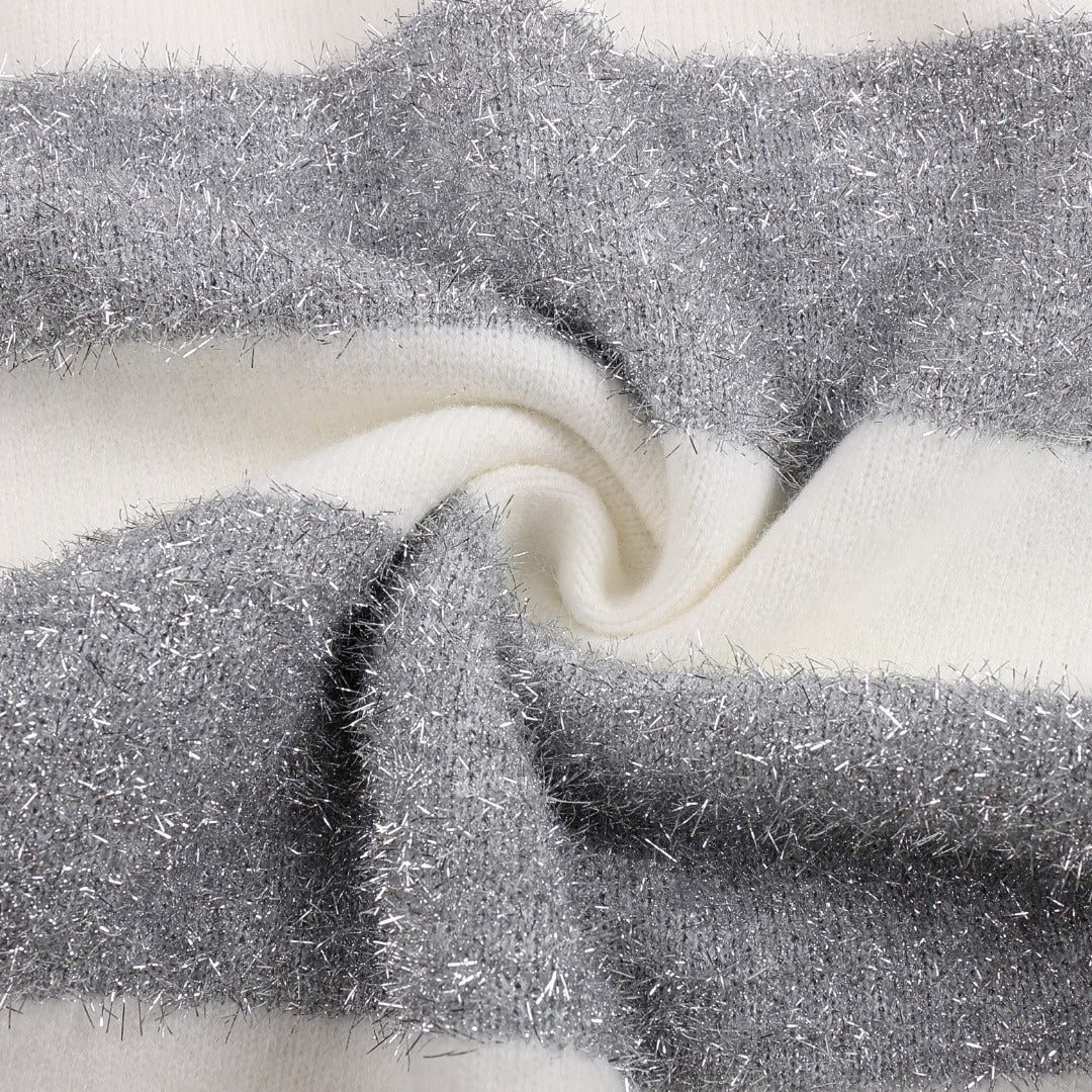 AMI Paris Metallic Lurex Stripe Turtleneck Sweater — Ivory