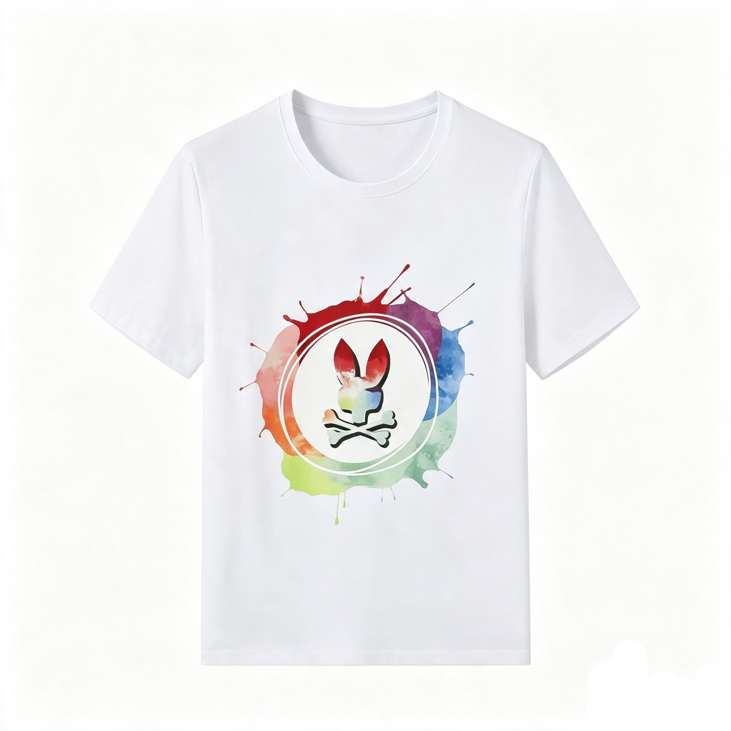 Psycho Bunny Watercolor Splash Tee – White Rainbow Paint Burst Streetwear T-Shirt