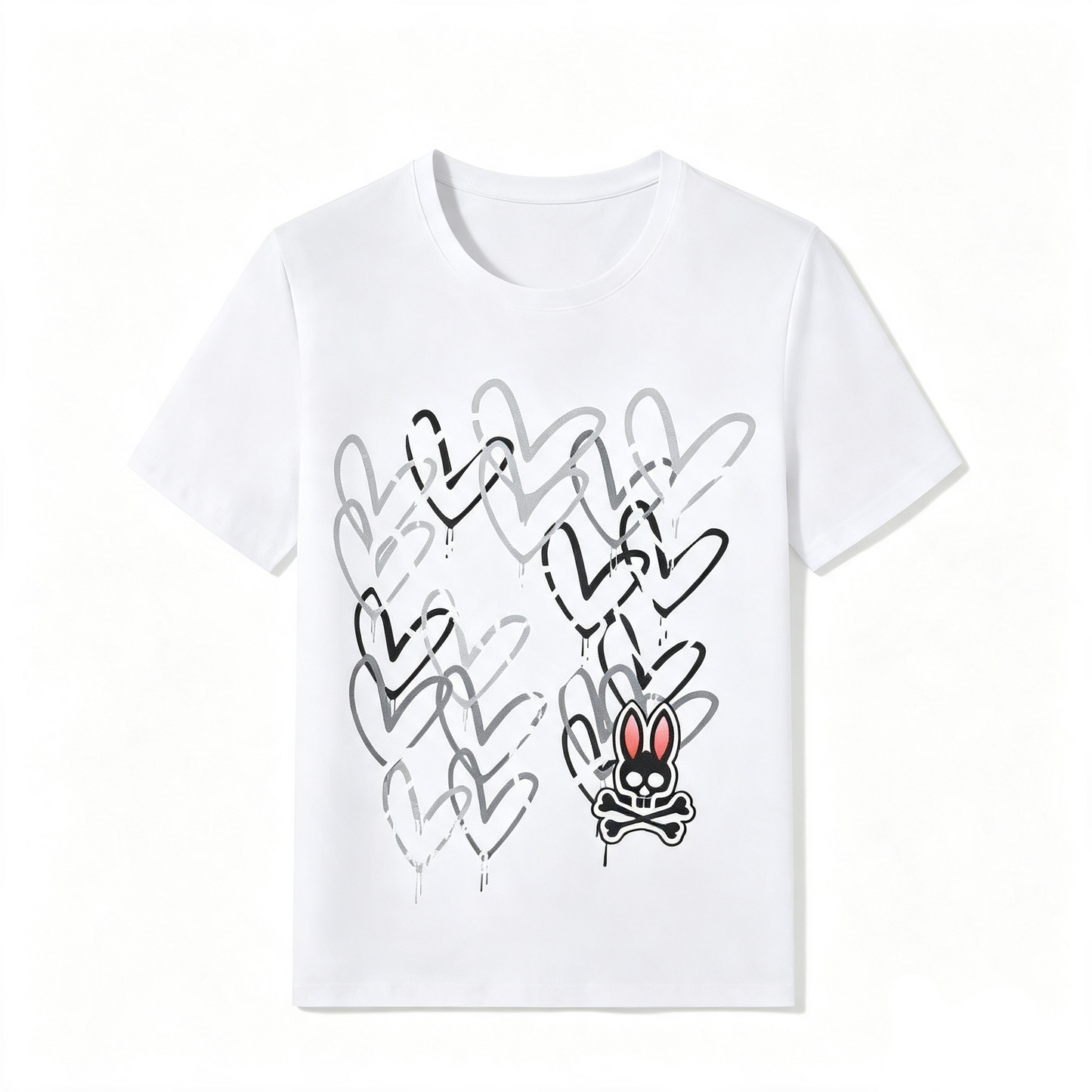 Psycho Bunny Heart Grid Graffiti Tee – White Black Sketch Overlapping Hearts Streetwear T-Shirt