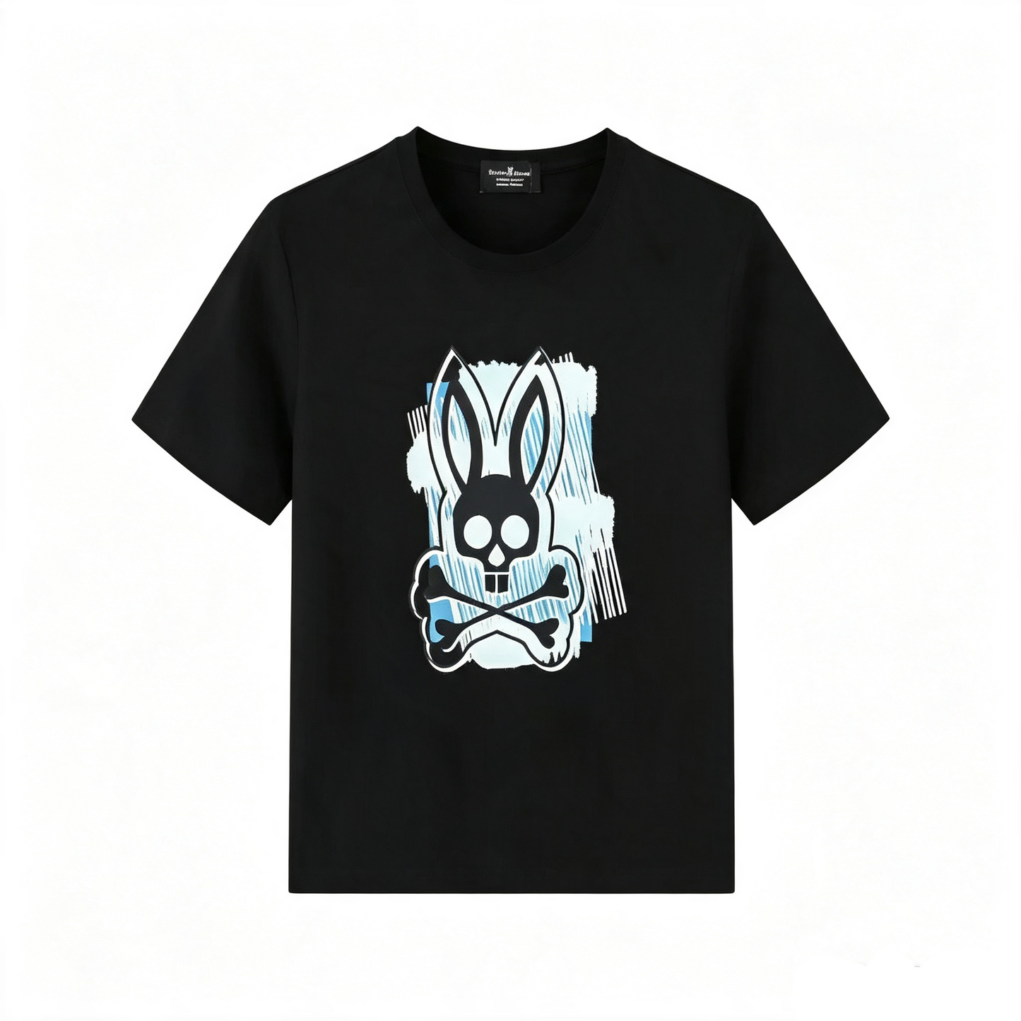 Psycho Bunny Sketch Block Tee – Black Sky Blue Brushstroke Graffiti Streetwear T-Shirt