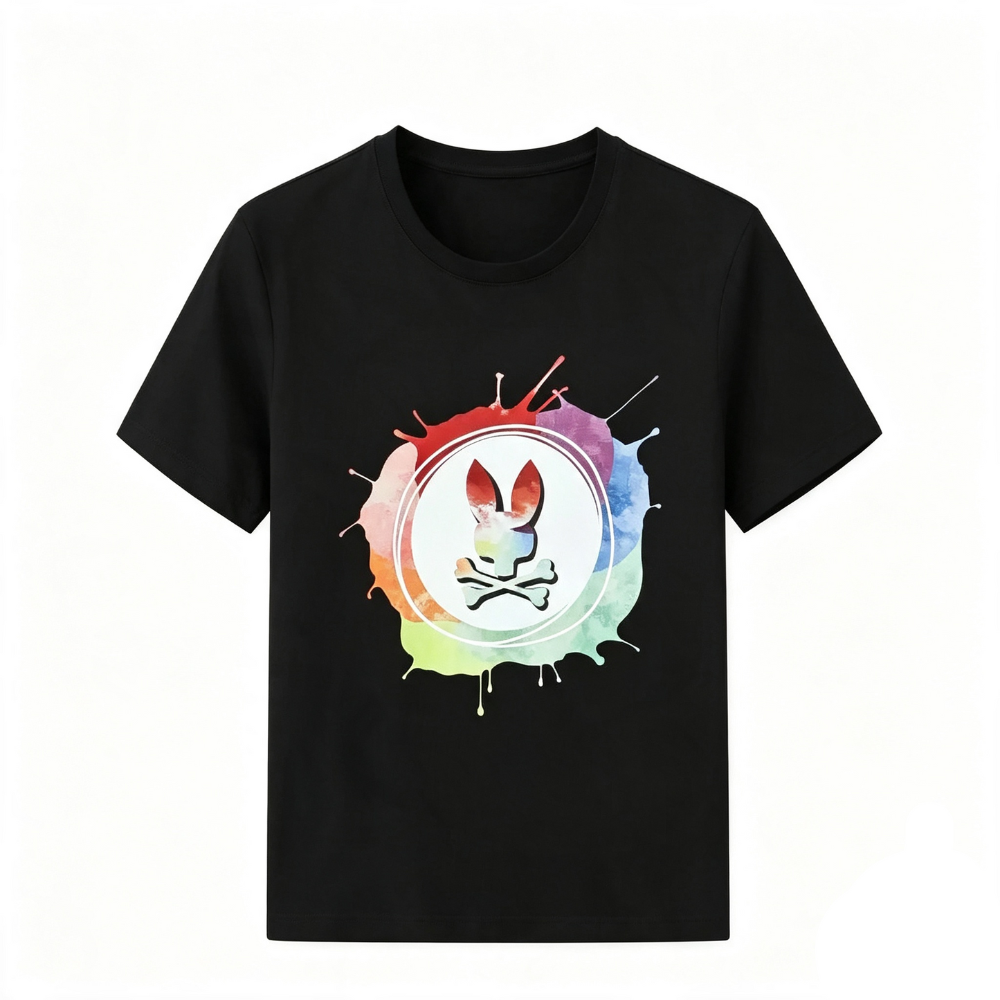 Psycho Bunny Watercolor Splash Tee – Black Rainbow Paint Burst Streetwear T-Shirt