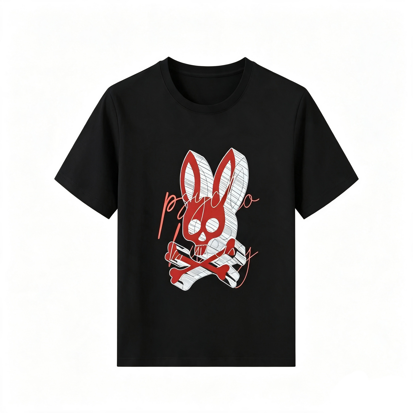 Psycho Bunny Sketch Script Tee – Black Red Deconstructed Streetwear T-Shirt