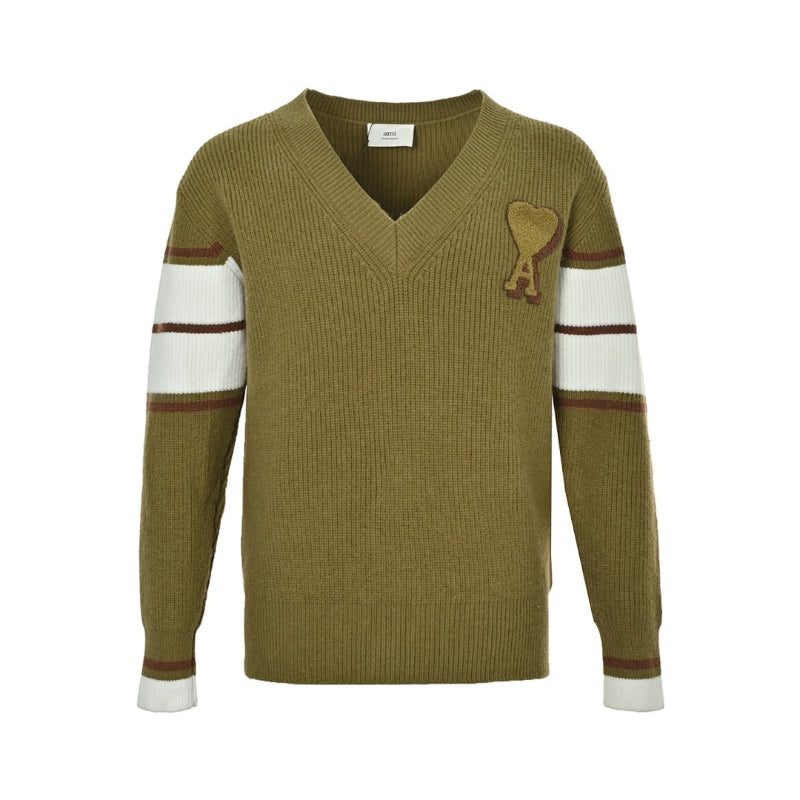 AMI Paris Varsity Stripe V-Neck Sweater - Olive