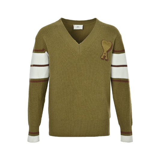 AMI Paris Varsity Stripe V-Neck Sweater - Olive