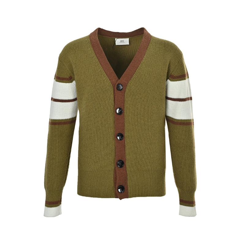 AMI Paris Varsity Stripe V-Neck Cardigan - Olive