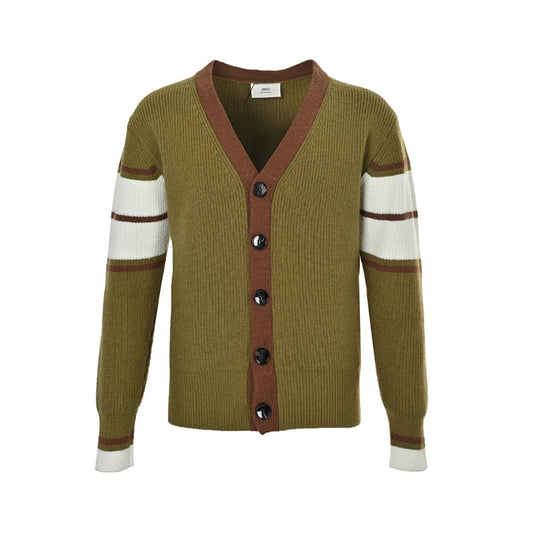 AMI Paris Varsity Stripe V-Neck Cardigan - Olive