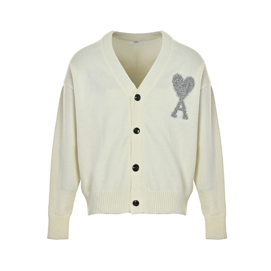 AMI Paris Crystal Ami de Cœur V-Neck Cardigan