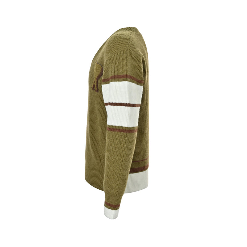 AMI Paris Varsity Stripe V-Neck Sweater - Olive