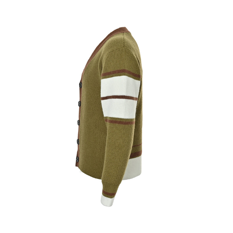AMI Paris Varsity Stripe V-Neck Cardigan - Olive