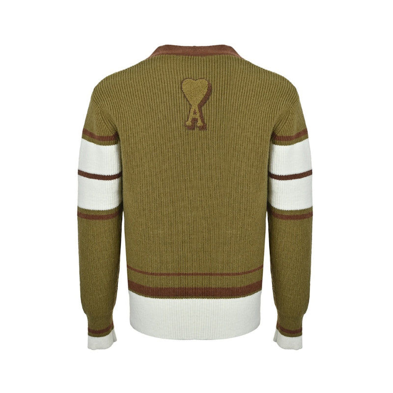 AMI Paris Varsity Stripe V-Neck Cardigan - Olive