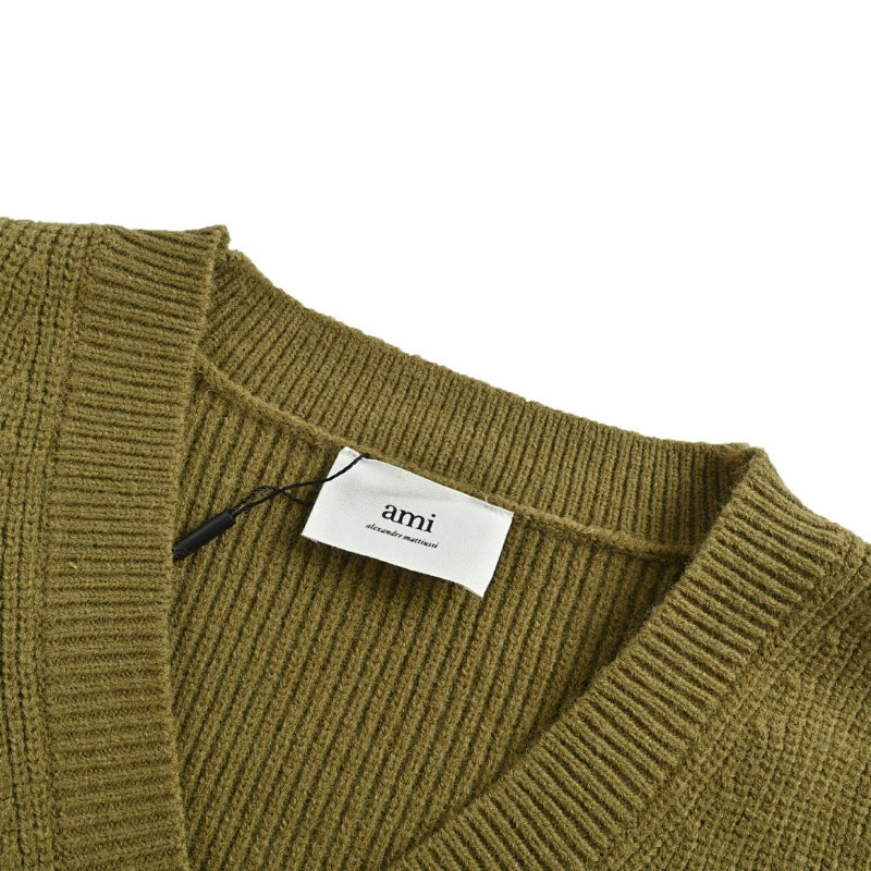 AMI Paris Varsity Stripe V-Neck Sweater - Olive