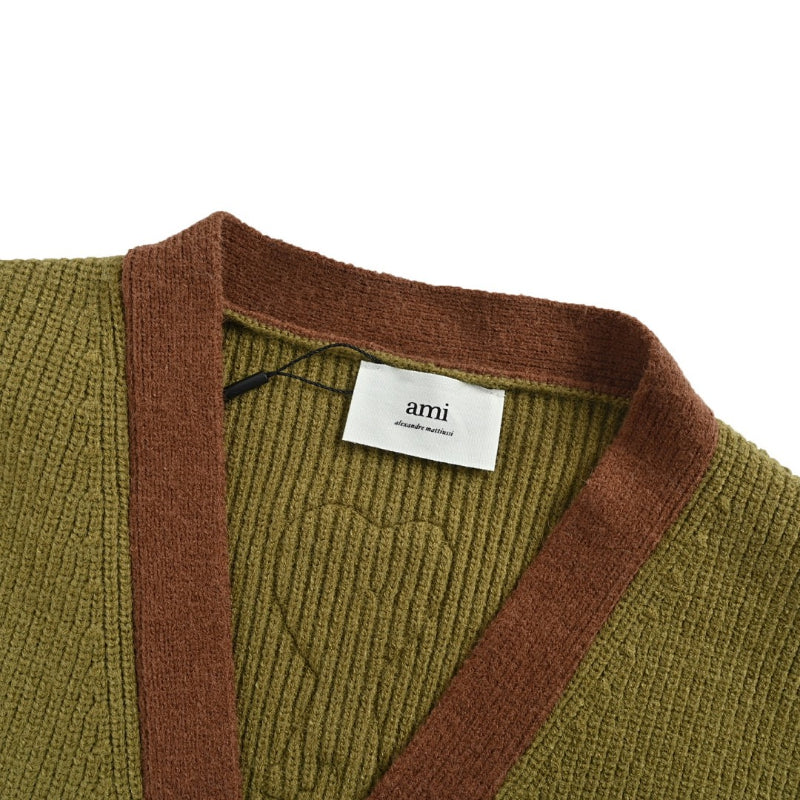 AMI Paris Varsity Stripe V-Neck Cardigan - Olive