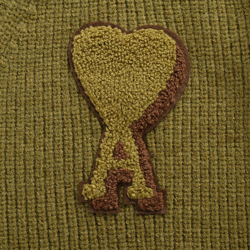 AMI Paris Varsity Stripe V-Neck Sweater - Olive