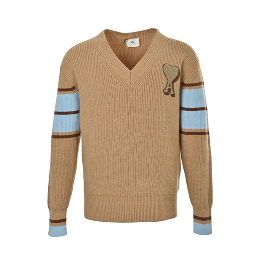 AMI Paris Varsity Stripe V-Neck Sweater - Camel