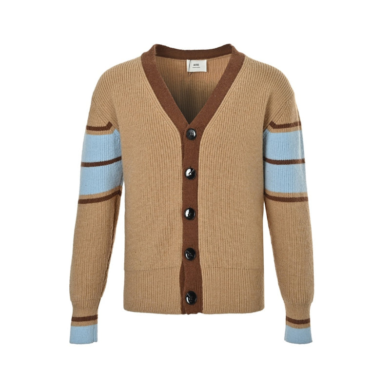 AMI Paris Varsity Stripe V-Neck Cardigan - Camel