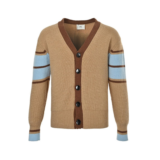 AMI Paris Varsity Stripe V-Neck Cardigan - Camel