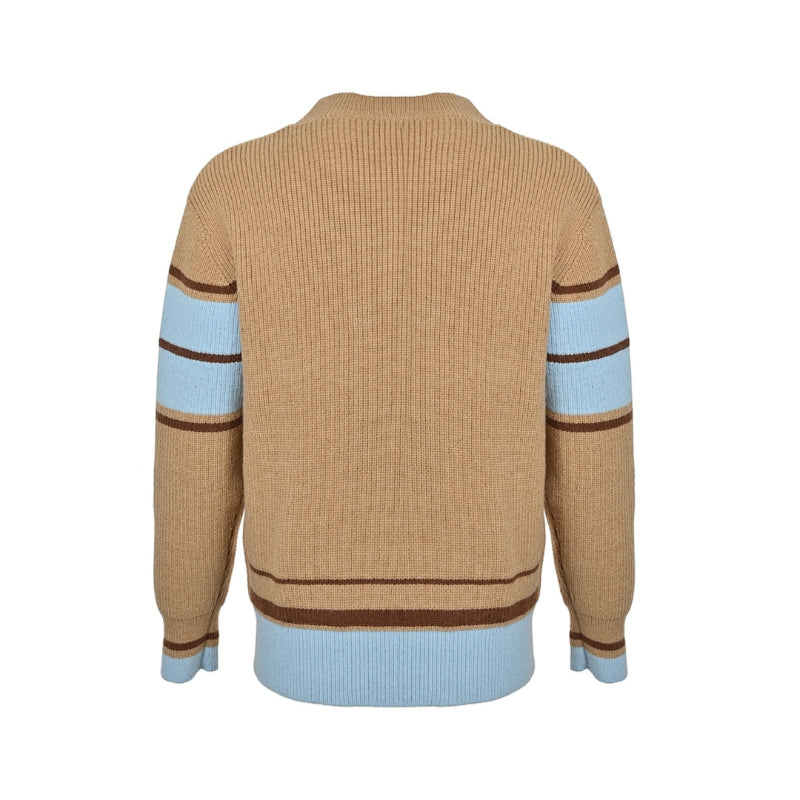 AMI Paris Varsity Stripe V-Neck Sweater - Camel
