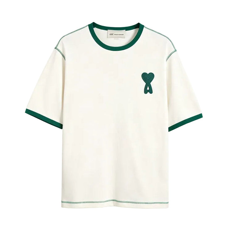 AMI Paris Ami de Cœur Ringer T-Shirt | Ecru / Forest Green