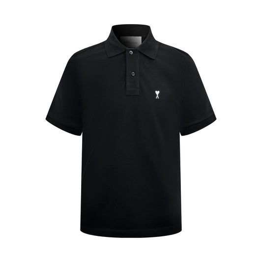 AMI Paris Ami de Cœur Piqué Cotton Polo Shirt — Black