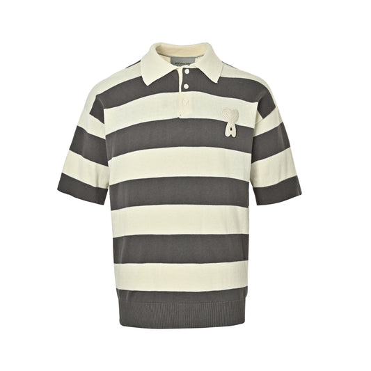 AMI Paris Ami de Cœur Striped Knit Polo Shirt — Charcoal/Ecru