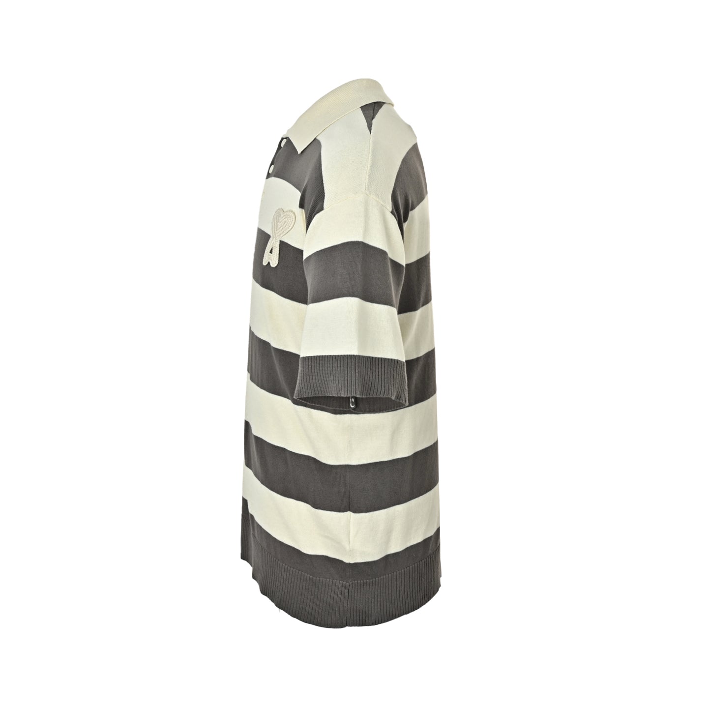 AMI Paris Ami de Cœur Striped Knit Polo Shirt — Charcoal/Ecru
