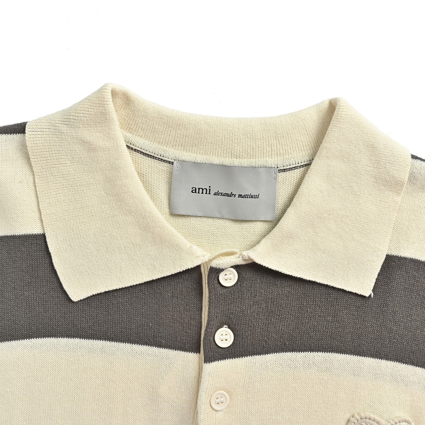 AMI Paris Ami de Cœur Striped Knit Polo Shirt — Charcoal/Ecru