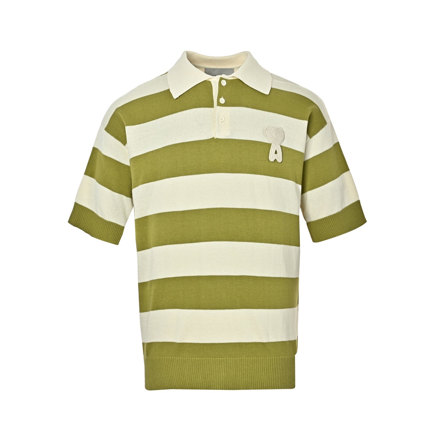 AMI Paris Ami de Cœur Striped Knit Polo Shirt — Olive/Ecru