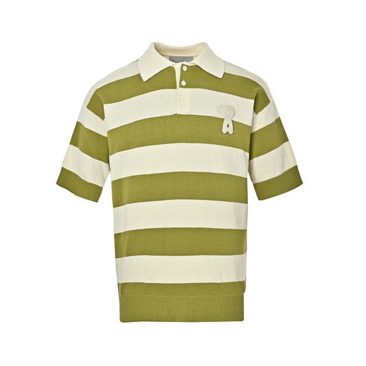 AMI Paris Ami de Cœur Striped Knit Polo Shirt — Olive/Ecru