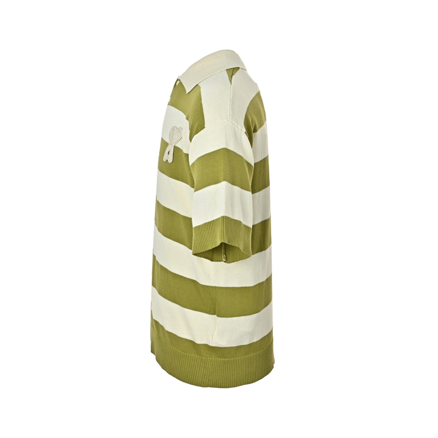 AMI Paris Ami de Cœur Striped Knit Polo Shirt — Olive/Ecru