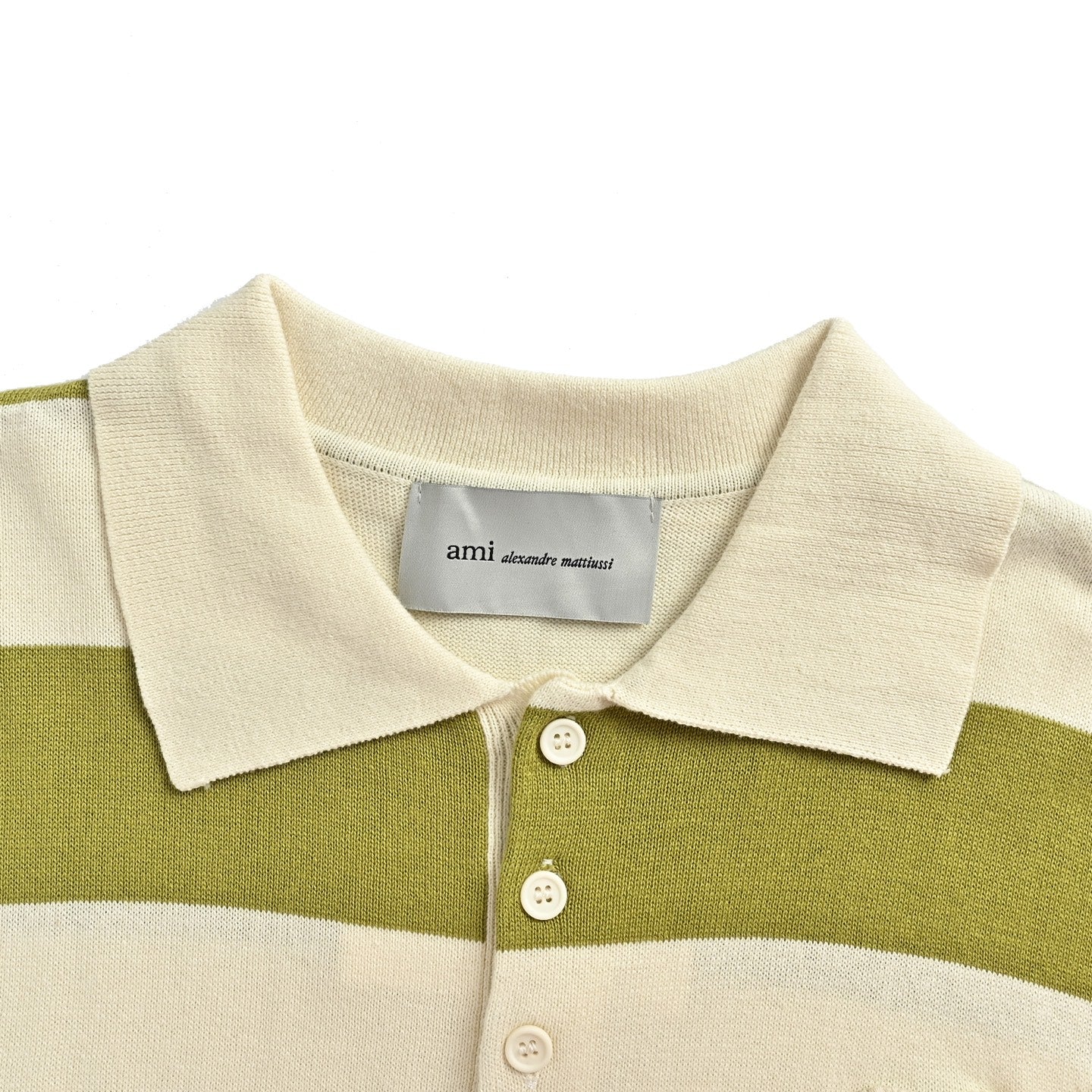 AMI Paris Ami de Cœur Striped Knit Polo Shirt — Olive/Ecru