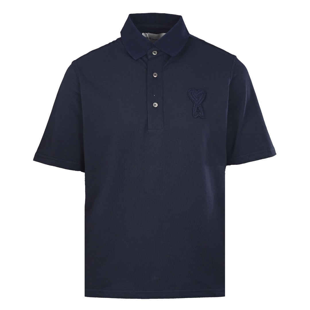 AMI Paris Oversized Ami de Cœur Piqué Cotton Polo Shirt — Navy