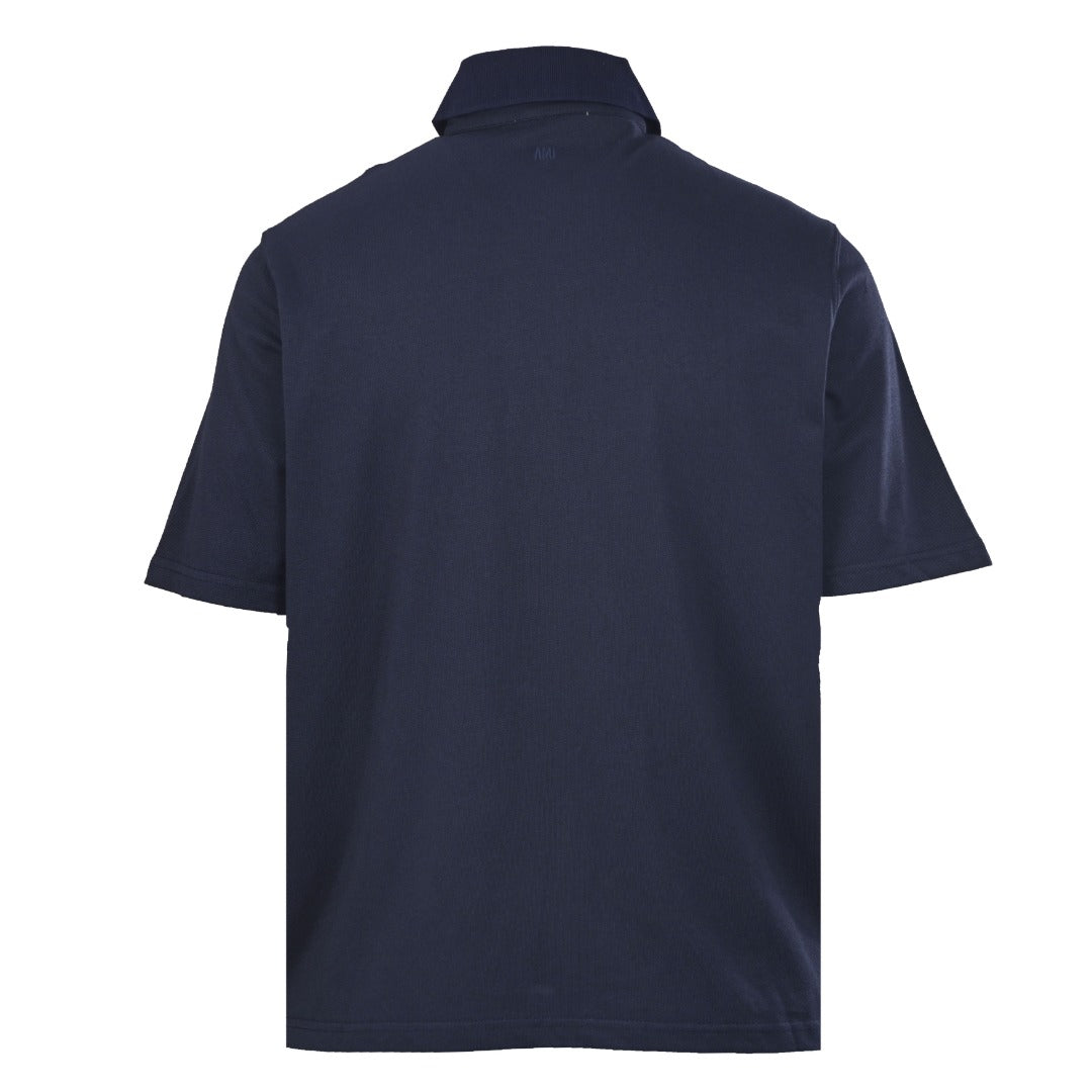 AMI Paris Oversized Ami de Cœur Piqué Cotton Polo Shirt — Navy