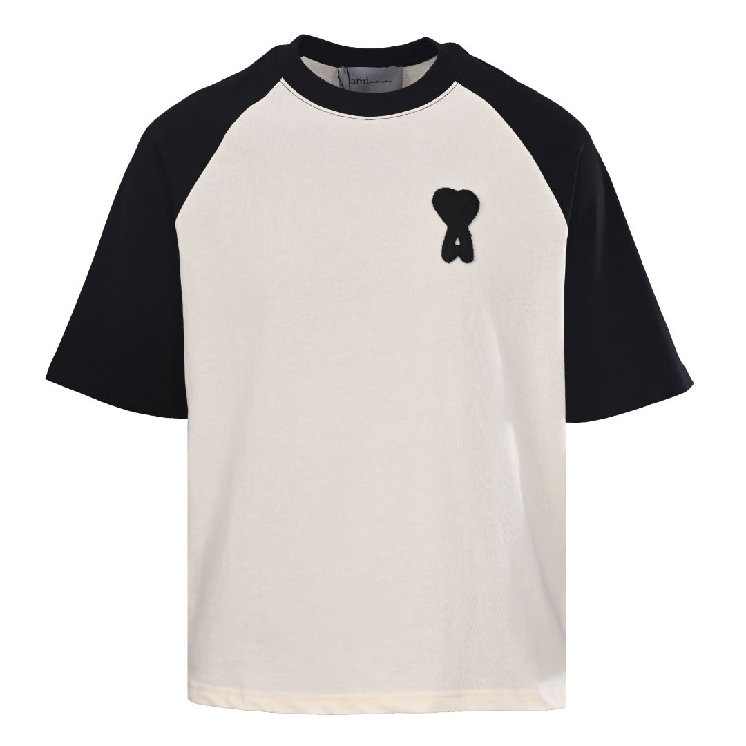 AMI Paris Ami de Cœur Chenille Patch Raglan T-Shirt — White/Black
