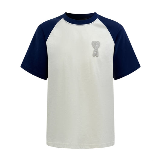 AMI Paris Ami de Cœur Chenille Patch Raglan T-Shirt — White/Navy