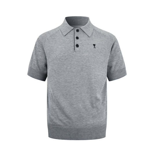 AMI Paris Ami de Cœur Knitted Polo Shirt — Grey Melange