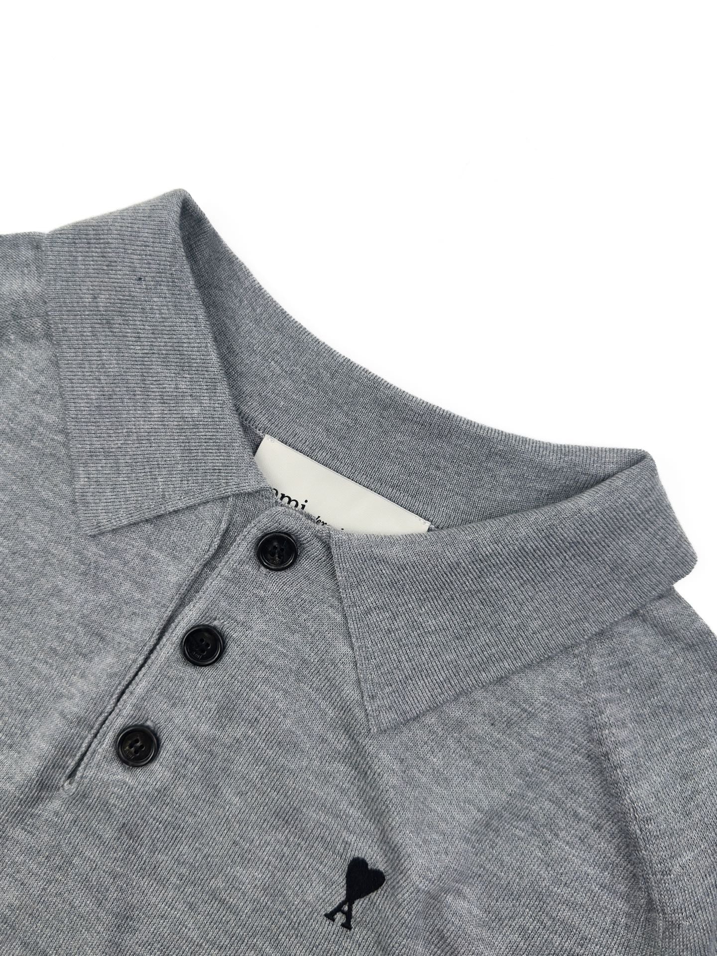 AMI Paris Ami de Cœur Knitted Polo Shirt — Grey Melange
