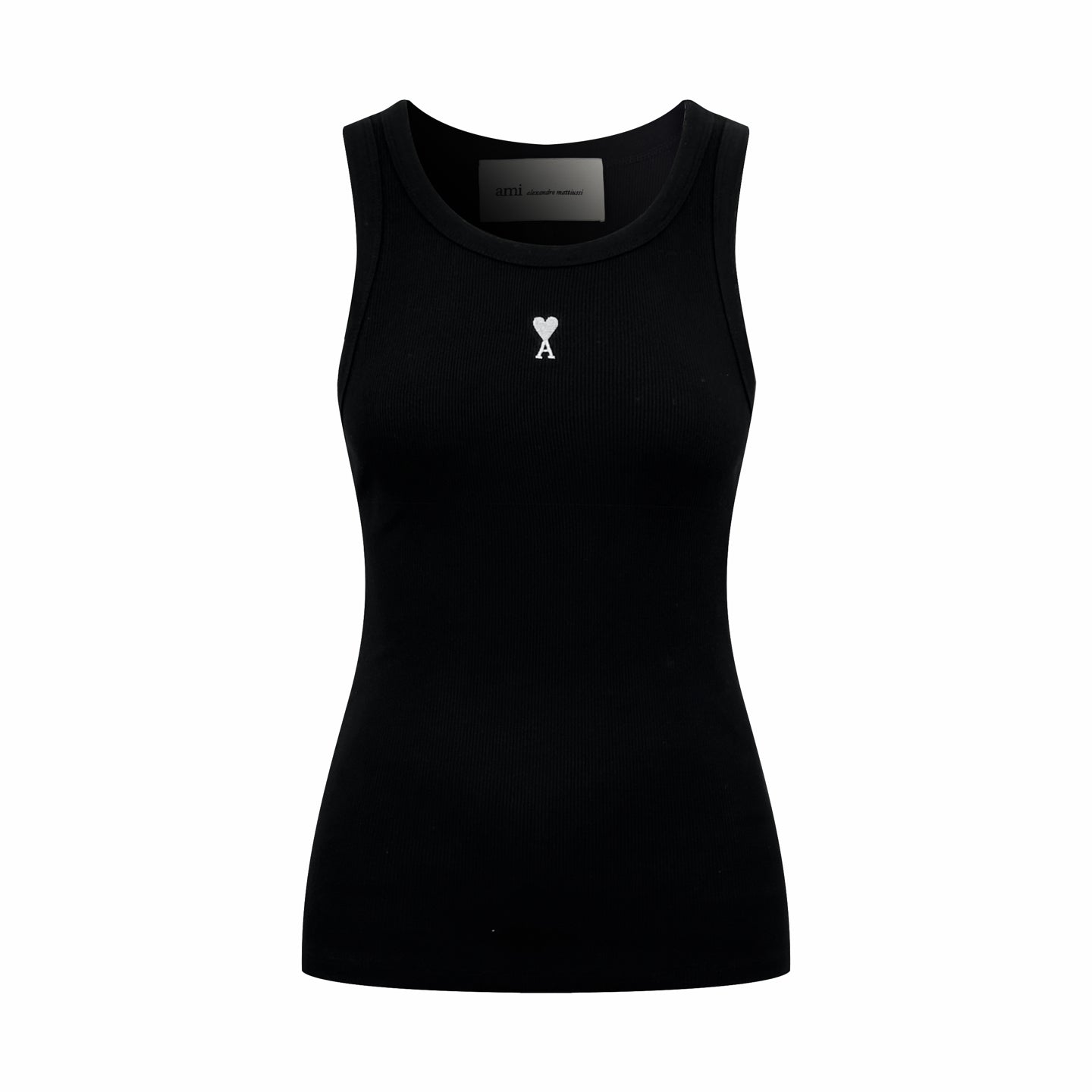 AMI Paris Ami de Cœur Ribbed Cotton Fitted Tank Top — Black