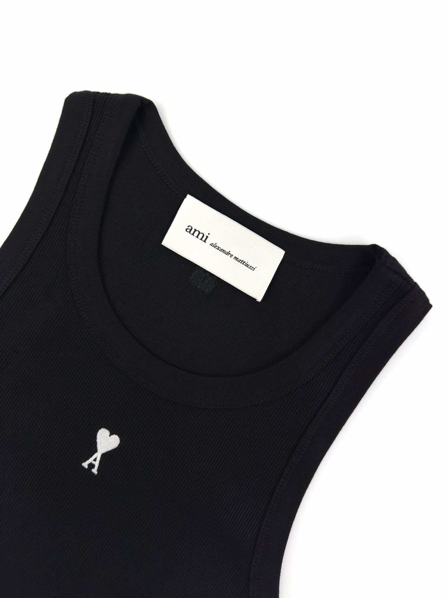 AMI Paris Ami de Cœur Ribbed Cotton Fitted Tank Top — Black