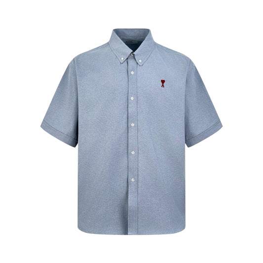 AMI Paris Ami de Cœur Oxford Cotton Short-Sleeve Shirt — Light Blue