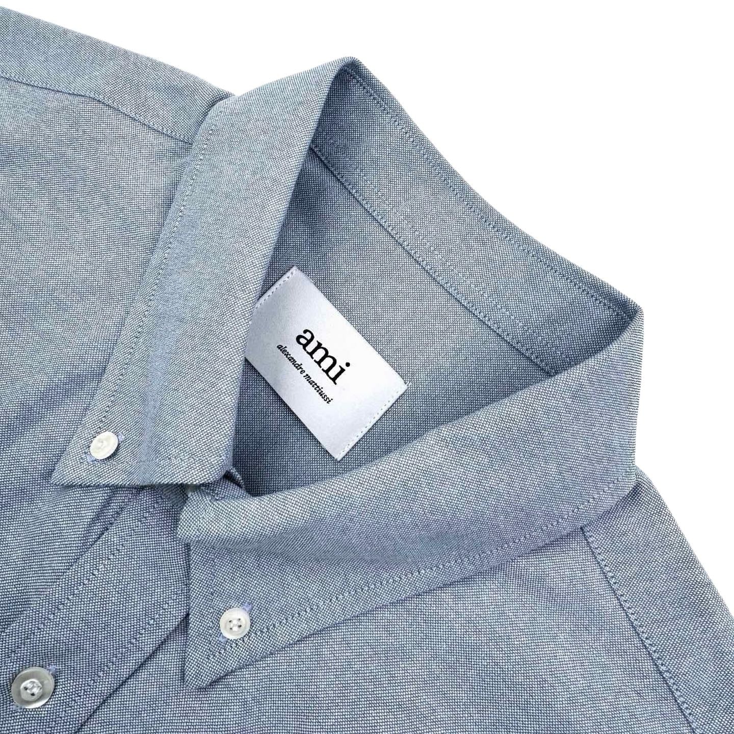 AMI Paris Ami de Cœur Oxford Cotton Short-Sleeve Shirt — Light Blue