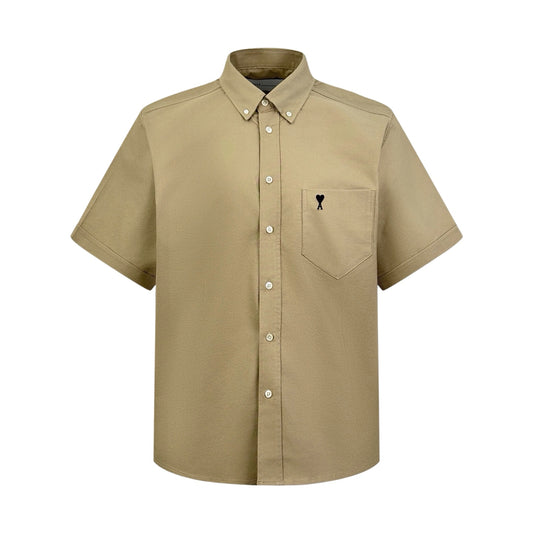 AMI Paris Ami de Cœur Oxford Cotton Short-Sleeve Shirt — Khaki