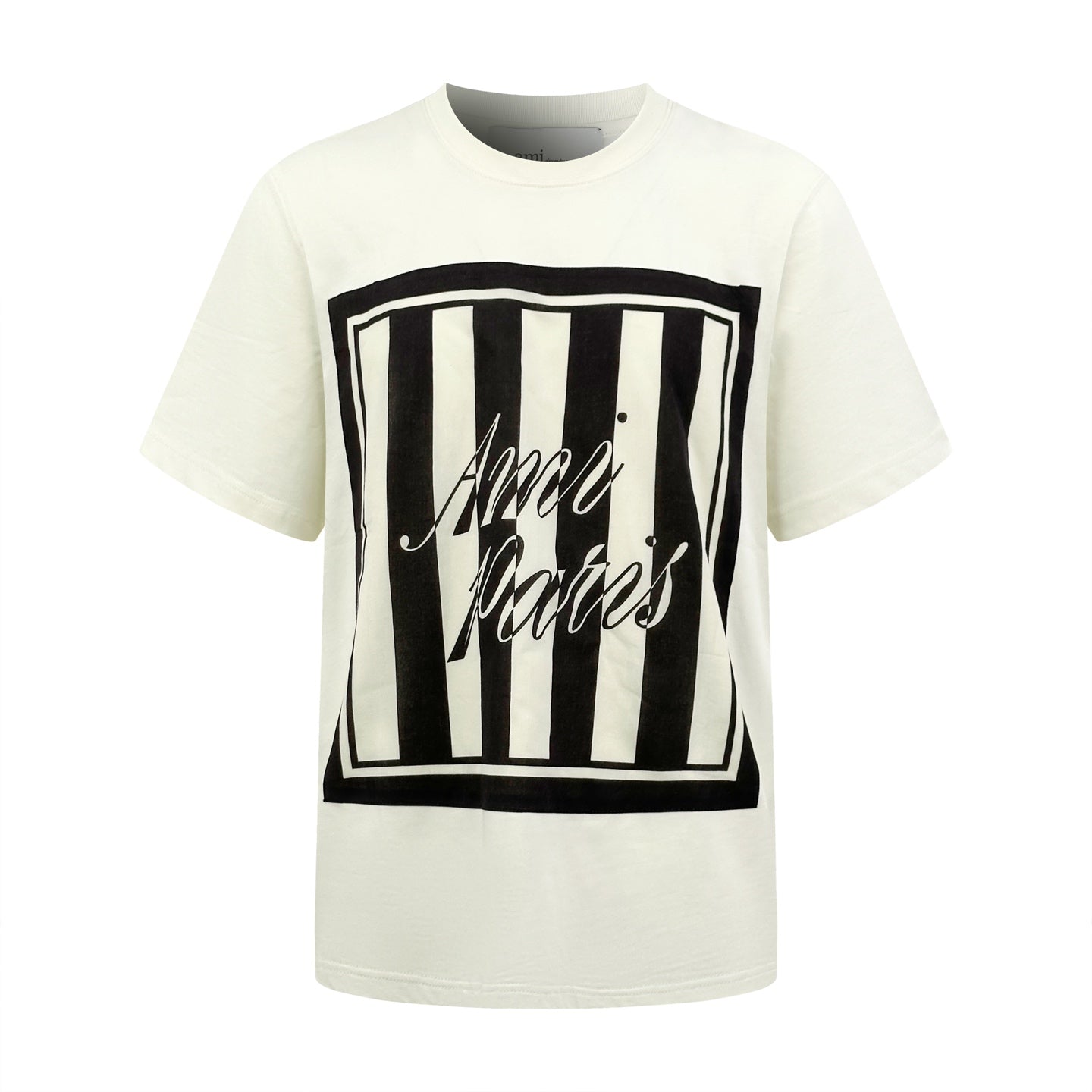 AMI Paris Striped Box Script Graphic T-Shirt — Ecru