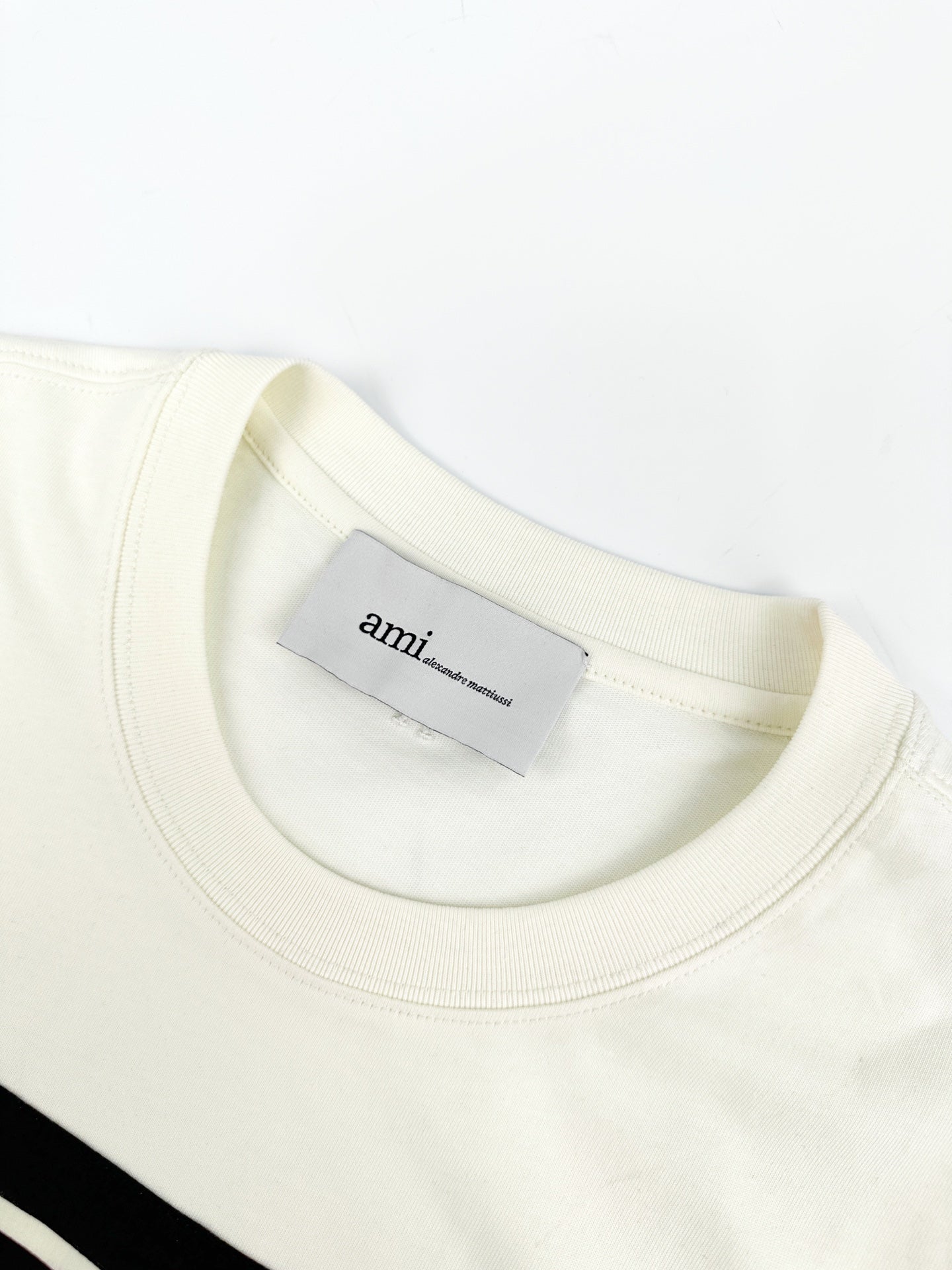 AMI Paris Striped Box Script Graphic T-Shirt — Ecru