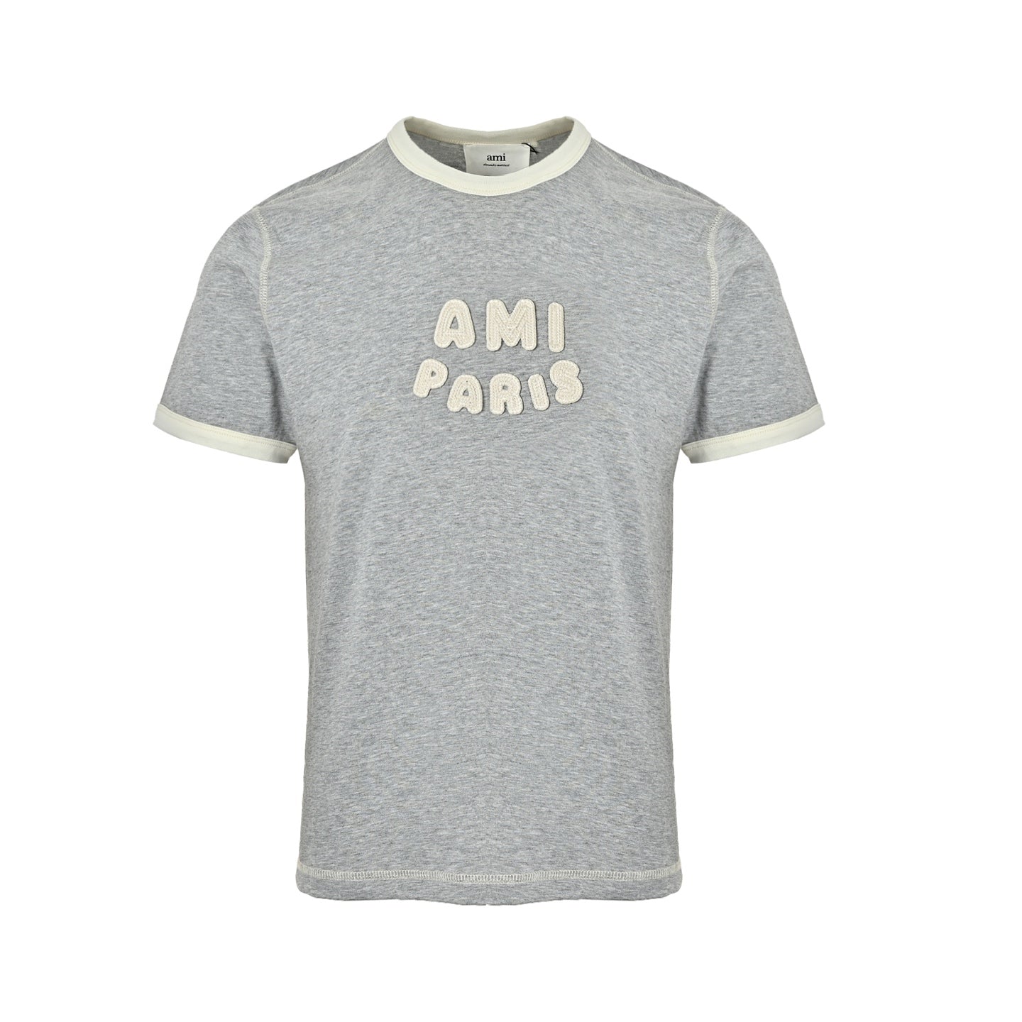 AMI Paris Bubble Letter Ringer Cotton T-Shirt — Grey Marl