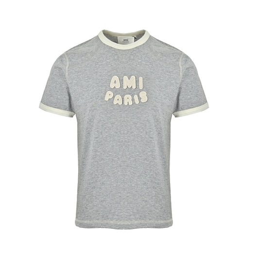 AMI Paris Bubble Letter Ringer Cotton T-Shirt — Grey Marl
