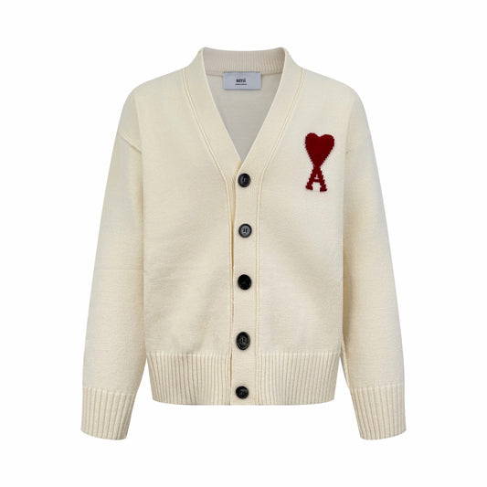 AMI Paris Ami de Cœur V-Neck Wool Cardigan — Ivory
