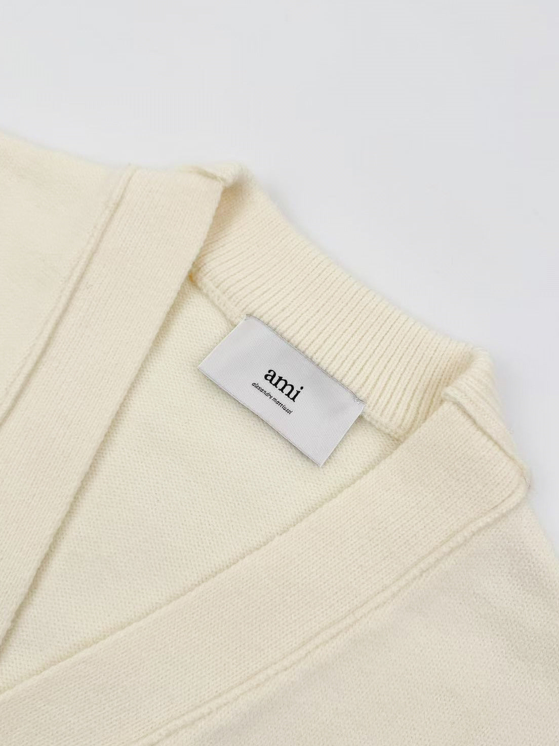 AMI Paris Ami de Cœur V-Neck Wool Cardigan — Ivory
