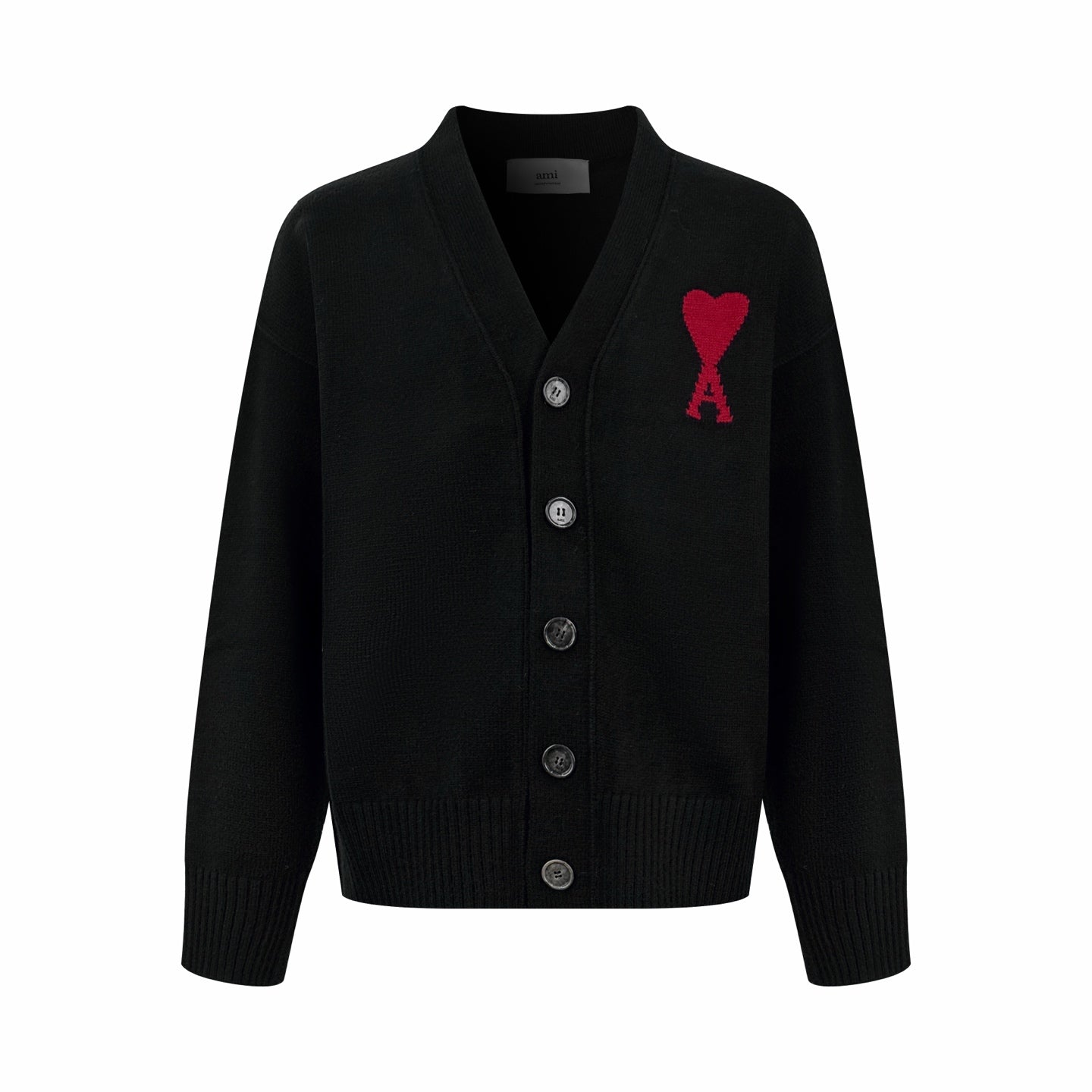 AMI Paris Ami de Cœur V-Neck Wool Cardigan — Black
